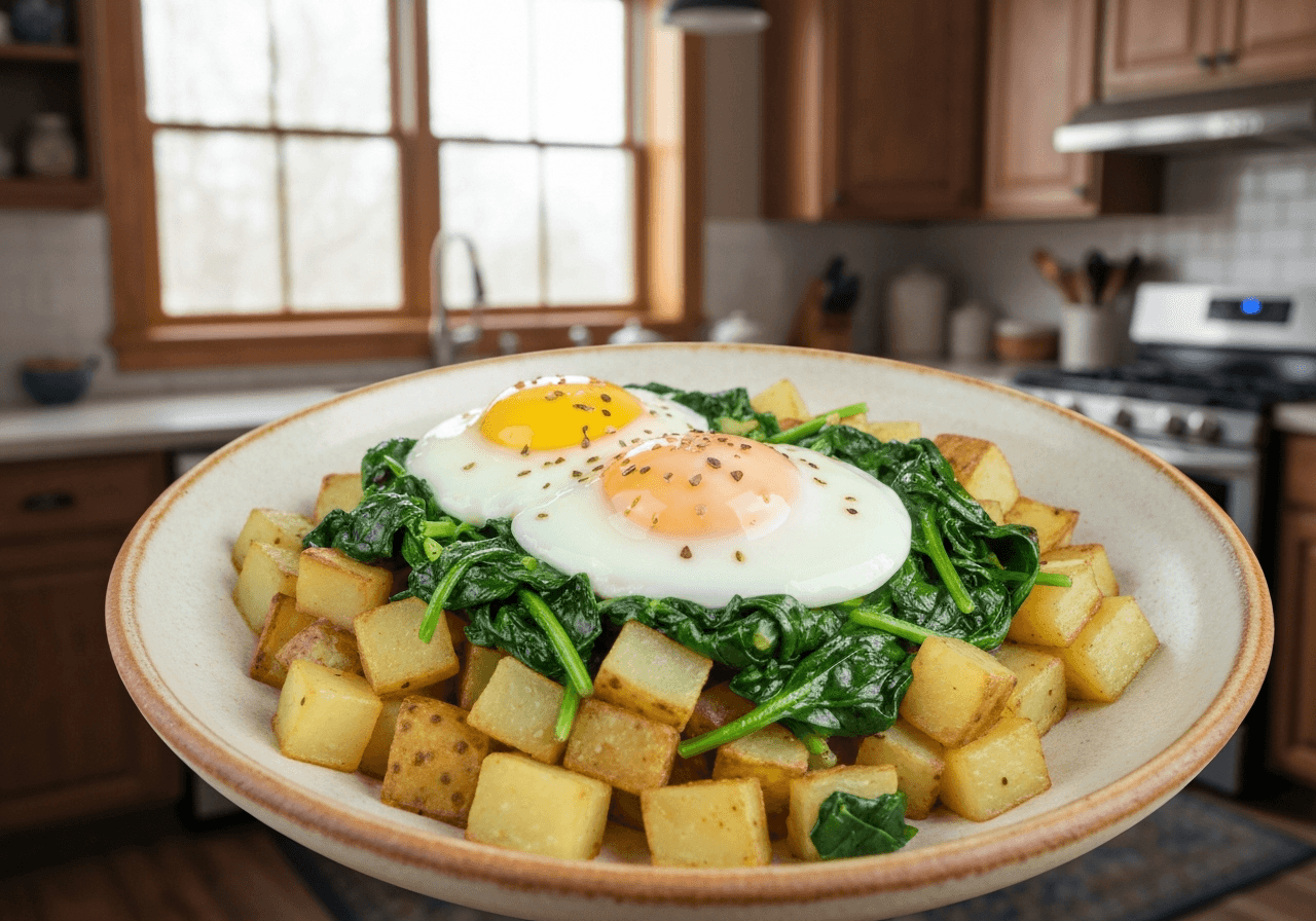 Finished Quick Potato and Spinach Hash with Eggs plated for serving