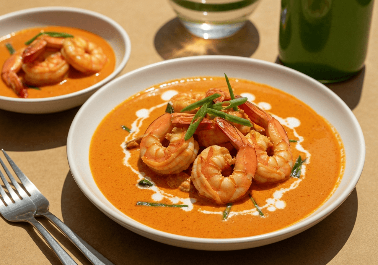 Finished Red Thai Coconut Curry Shrimp plated for serving