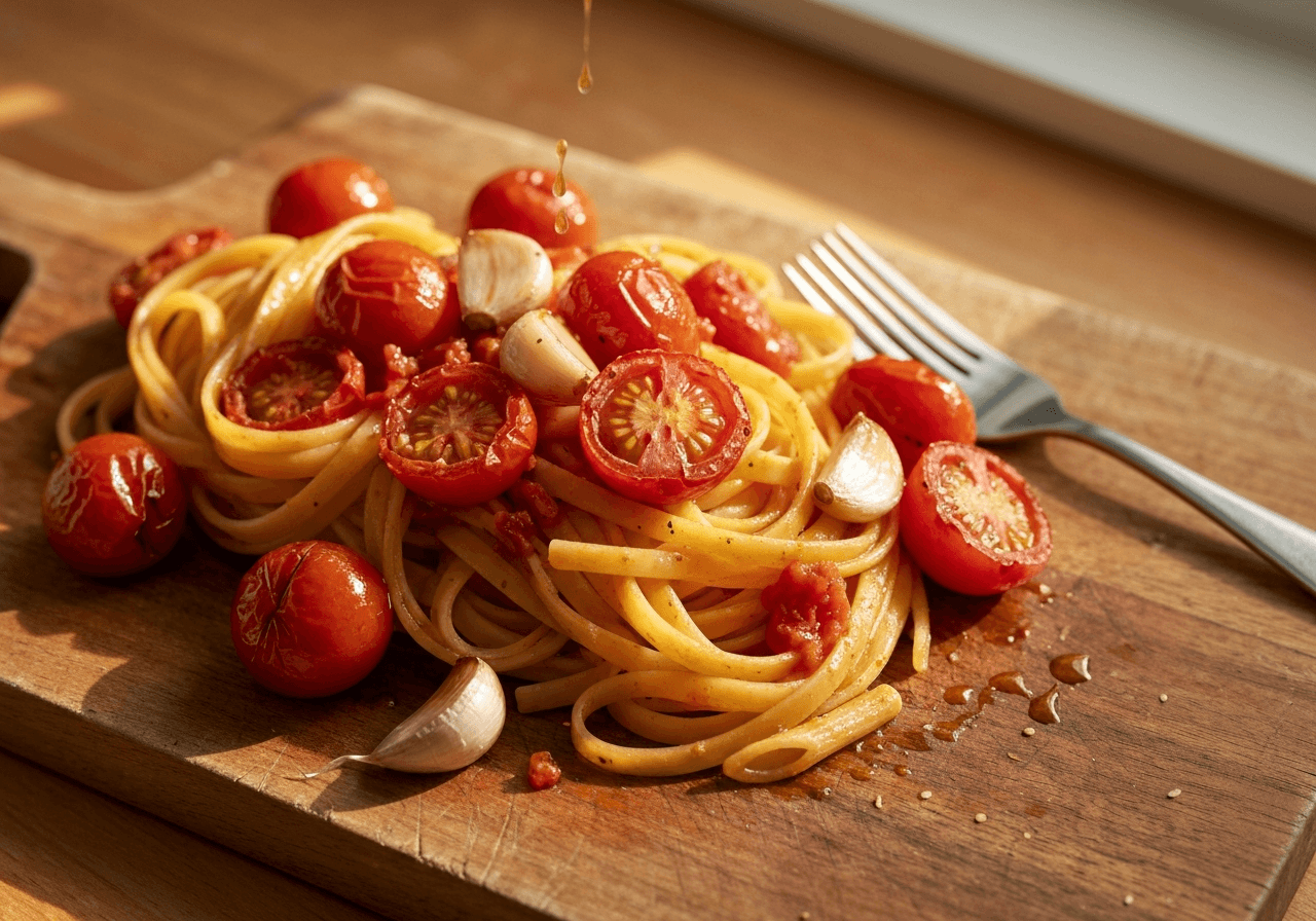 Finished Roasted Tomato and Balsamic Pasta plated for serving