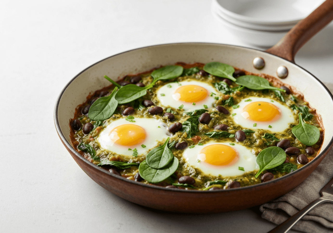 Finished Salsa Verde Bean and Spinach Baked Eggs plated for serving