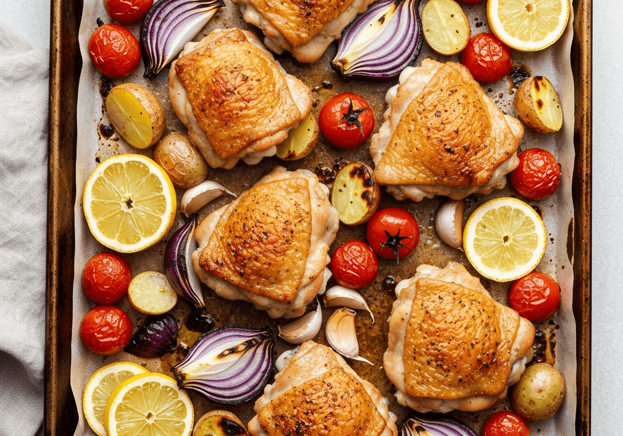 Finished Sheet Pan Chicken and Blistered Tomatoes plated for serving