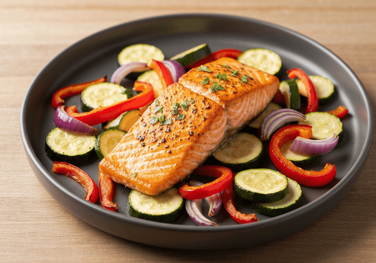 Finished Sheet Pan Mediterranean Salmon with Vegetables plated for serving