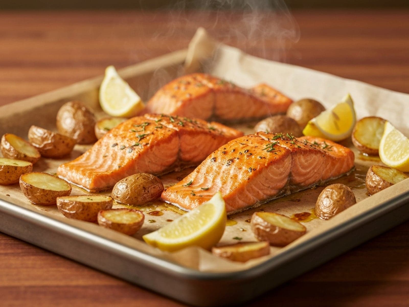 Finished Sheet Pan Salmon and Potatoes plated for serving