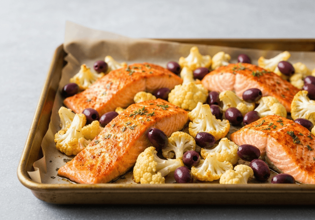 Finished Sheet Pan Salmon with Cauliflower and Castelvetrano Olives plated for serving