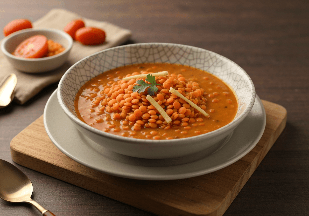 Finished Simple Masoor Dal (Red Lentil Dal) plated for serving