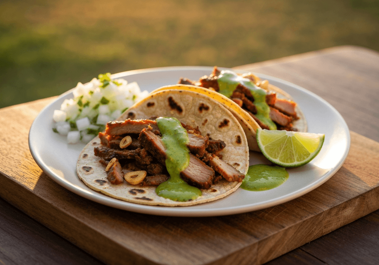 Finished Rick Bayless Simplified Tacos Al Pastor plated for serving