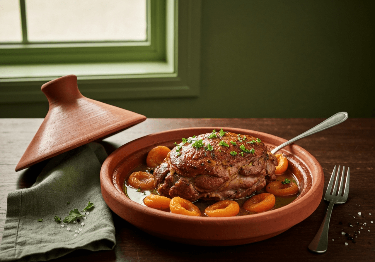 Finished Slow-Cooked Lamb Tagine with Apricots plated for serving