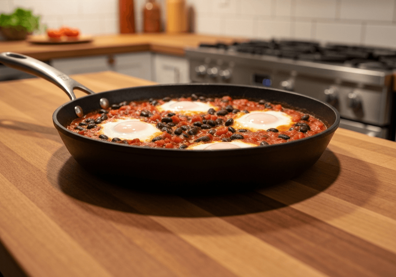 Finished Smoky Black Bean and Egg Skillet plated for serving
