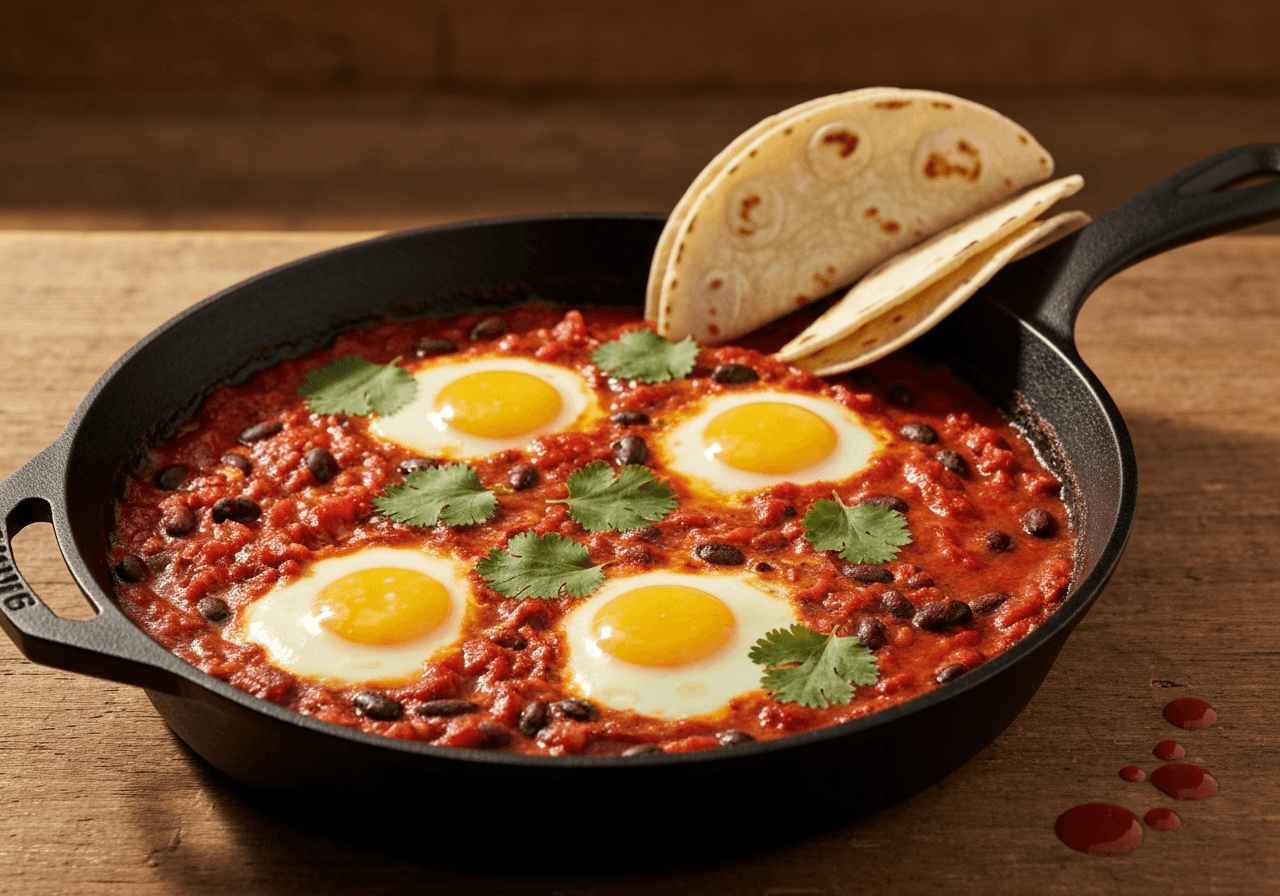 Finished Smoky Tomato and Black Bean Shakshuka plated for serving