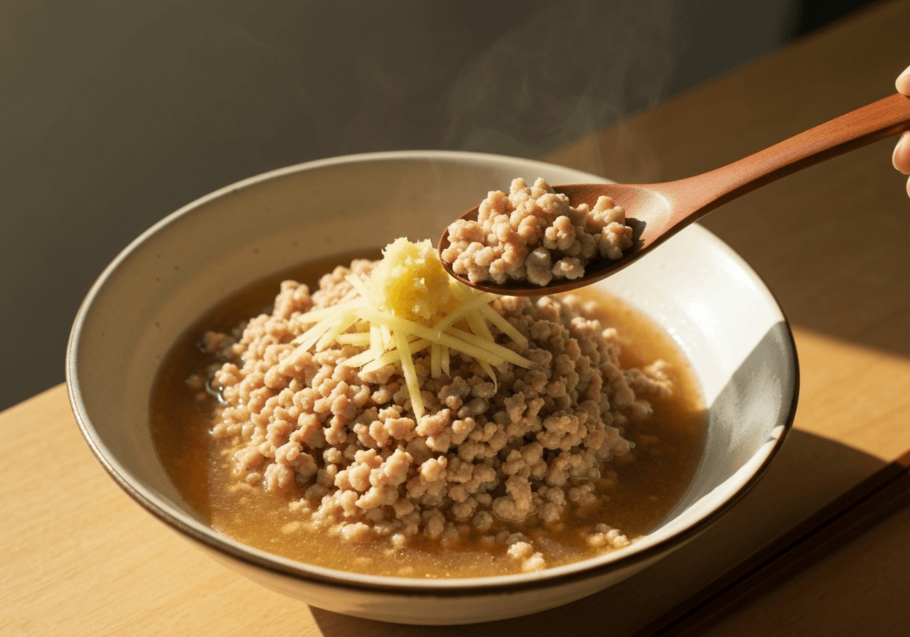 Finished Soboro Don (Japanese Ground Chicken Bowl) plated for serving