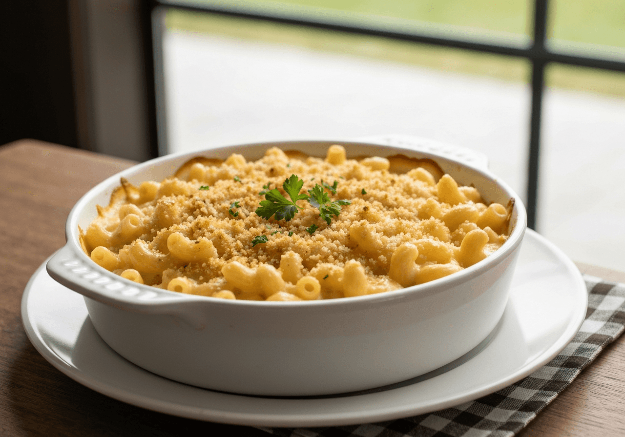 Finished Southern Baked Macaroni and Cheese plated for serving