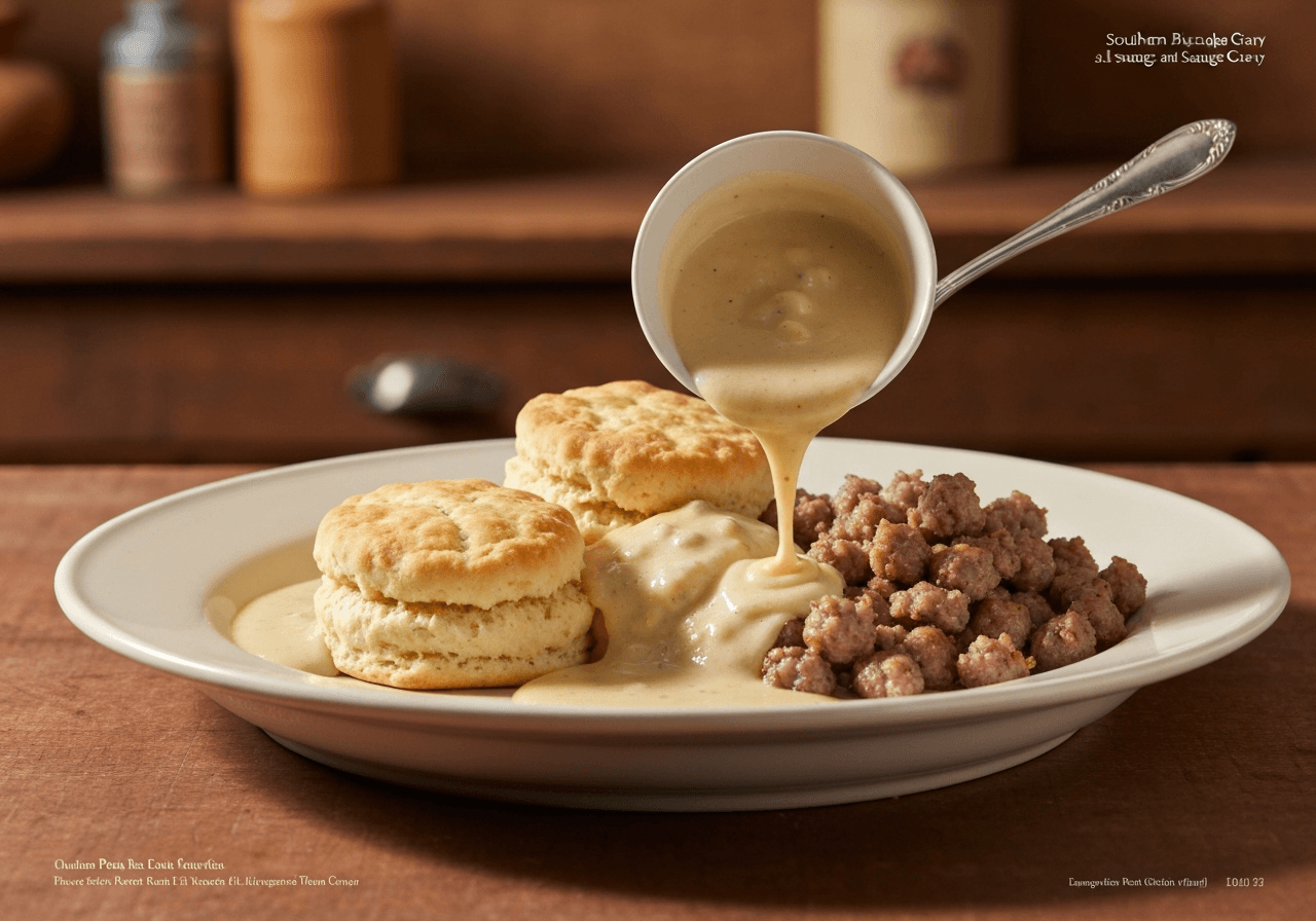 Finished Southern Biscuits and Sausage Gravy plated for serving