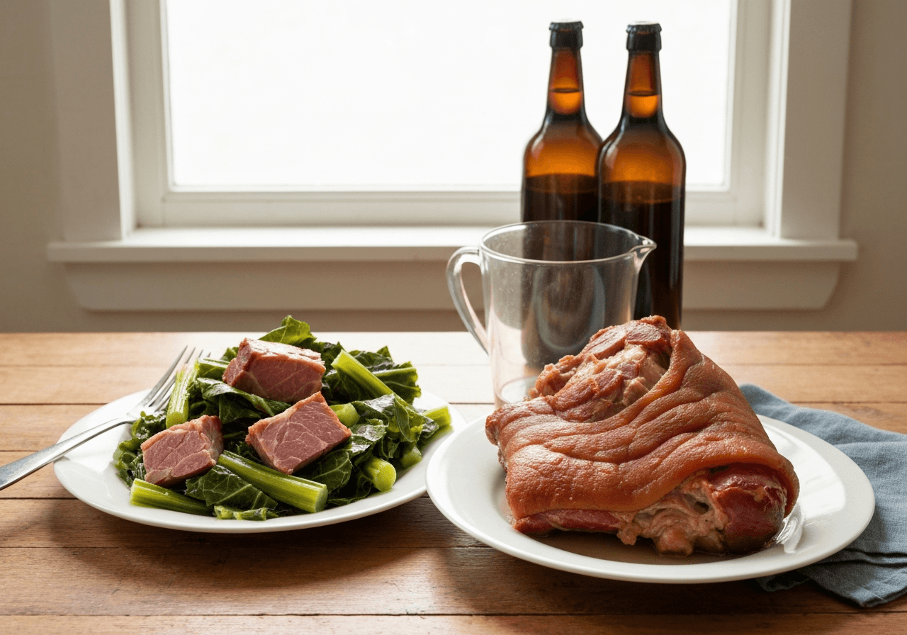 Finished Southern Collard Greens with Ham Hock plated for serving