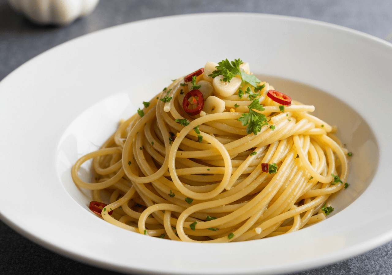 Finished Spaghetti Aglio e Olio plated for serving