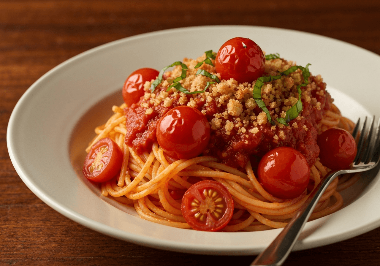 Finished Spaghetti with Blistered Cherry Tomatoes and Pangrattato plated for serving