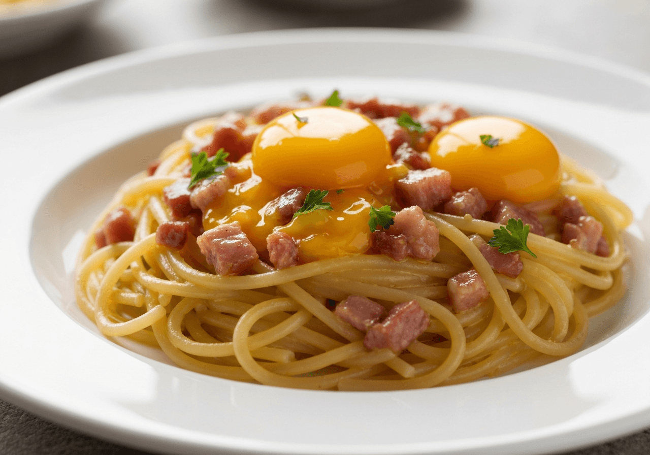 Finished Spaghetti Carbonara plated for serving