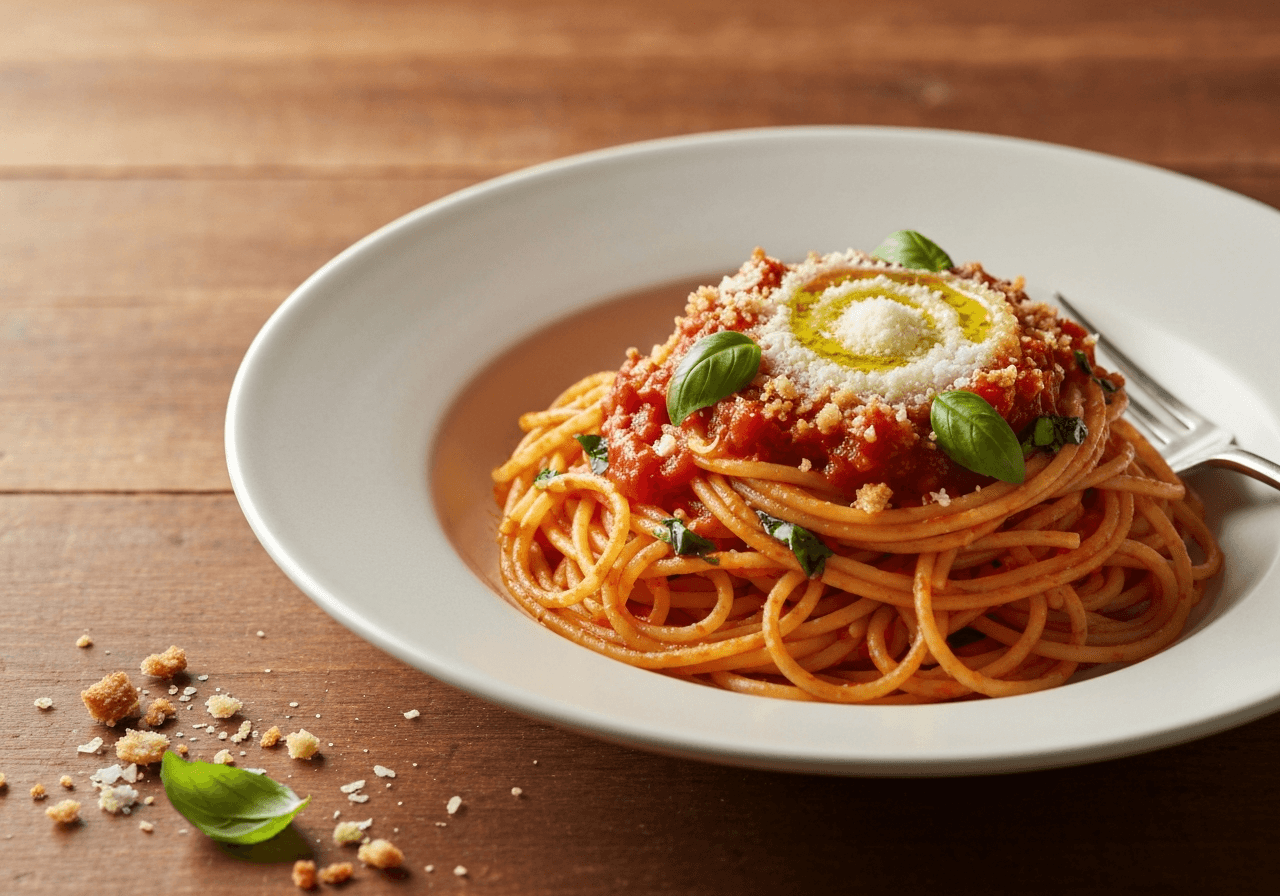 Finished Spaghetti with Tomato-Butter Sauce and Crispy Breadcrumbs plated for serving