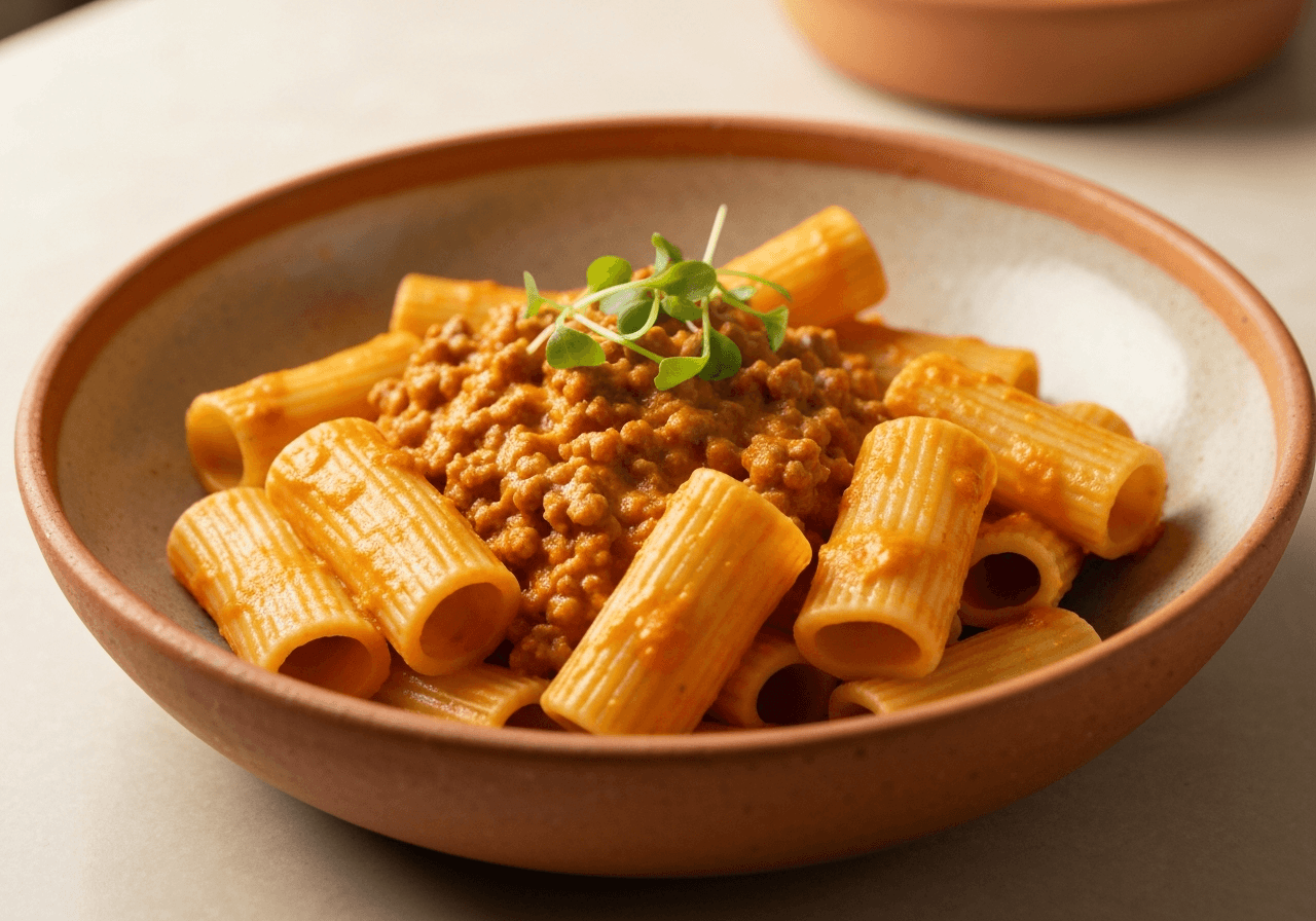 Finished Spicy Creamy Weeknight Bolognese plated for serving
