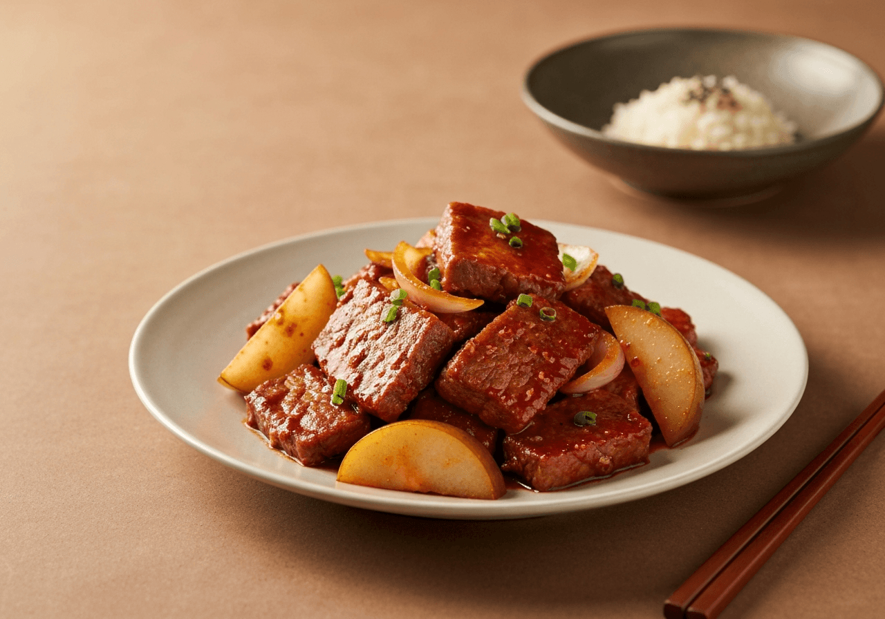 Finished Spicy Korean Pork Stir Fry (Jeyuk Bokkeum) plated for serving