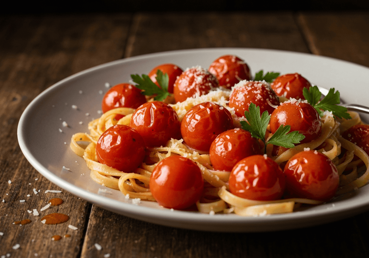Finished Spicy Tomato Butter Pasta with Cherry Tomatoes plated for serving