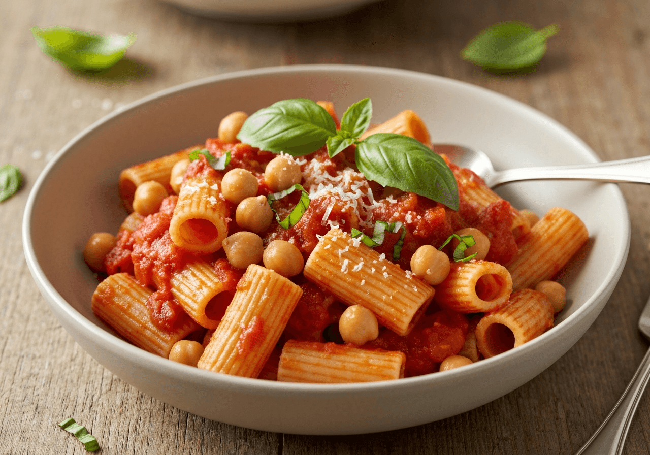 Finished Spicy Tomato and Chickpea Pasta plated for serving