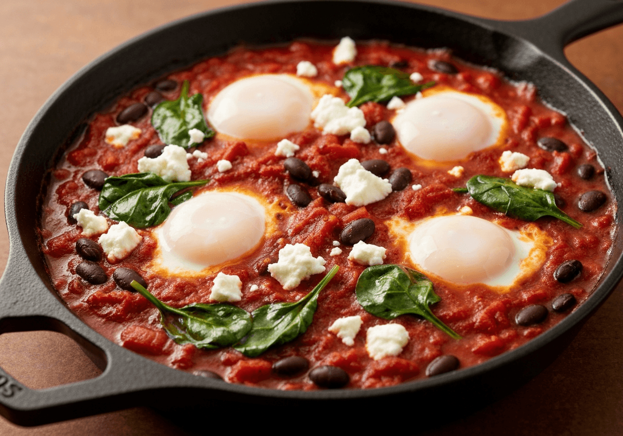 Finished Spinach and Black Bean Tomato Skillet with Eggs plated for serving