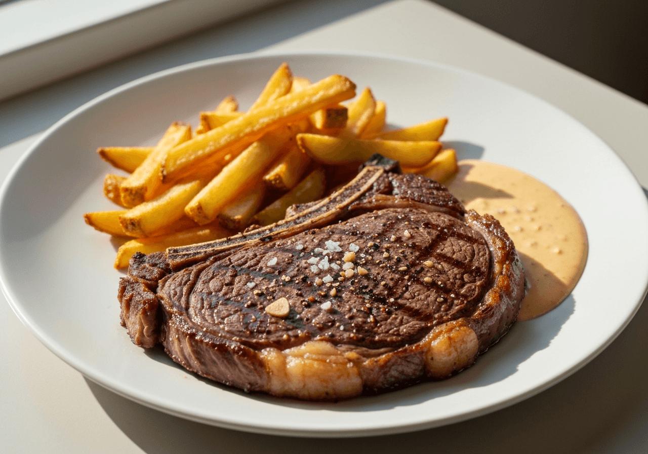 Finished Steak Frites with Béarnaise Sauce plated for serving