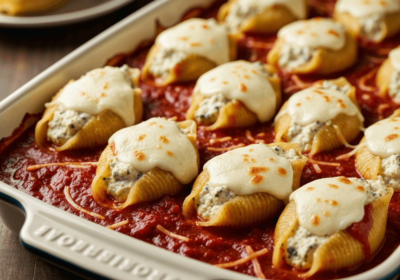 Finished Stuffed Shells plated for serving