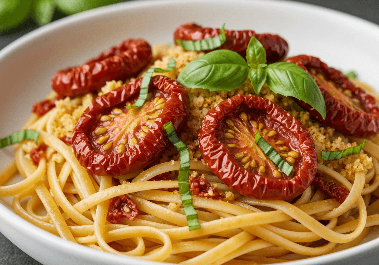 Finished Sun-Dried Tomato and Breadcrumb Pasta plated for serving