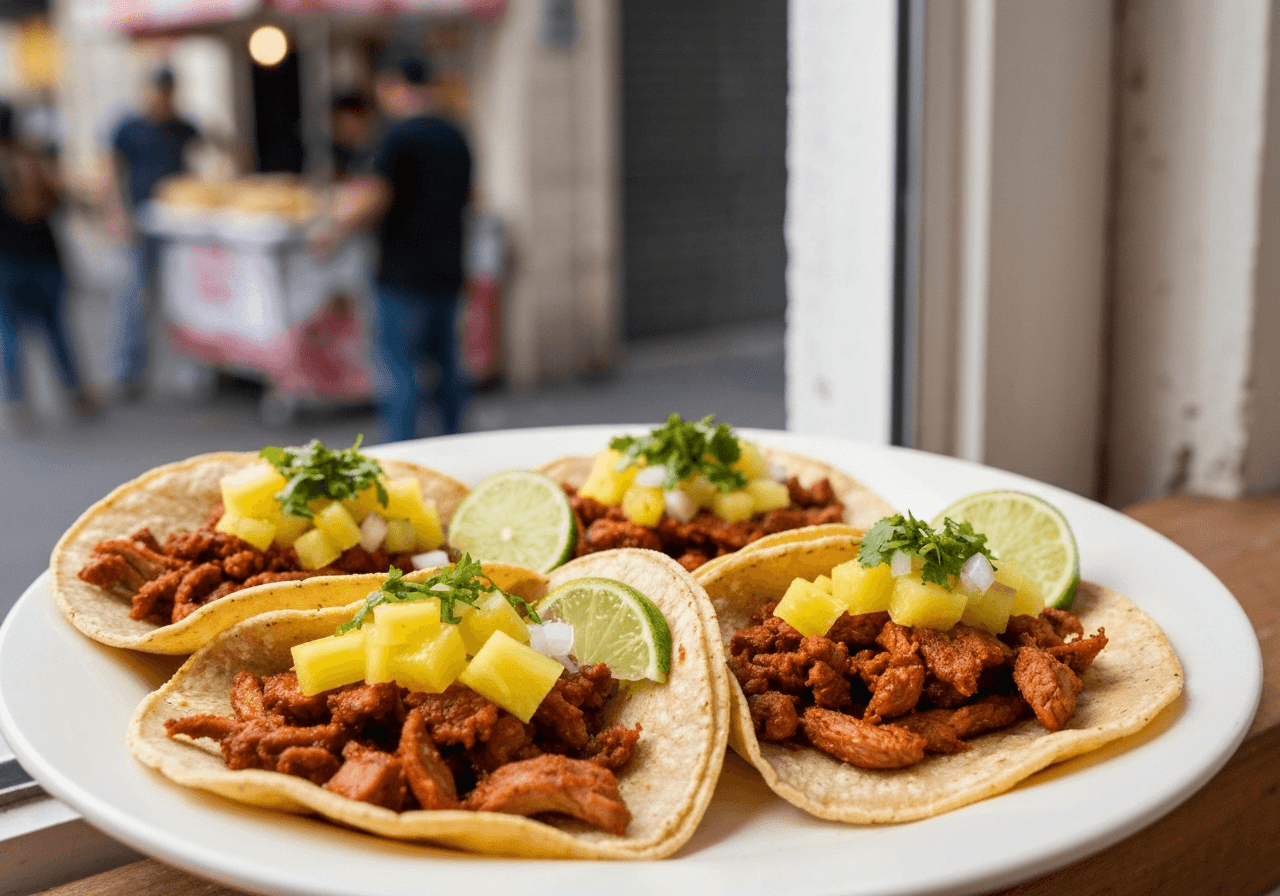 Finished Tacos Al Pastor plated for serving