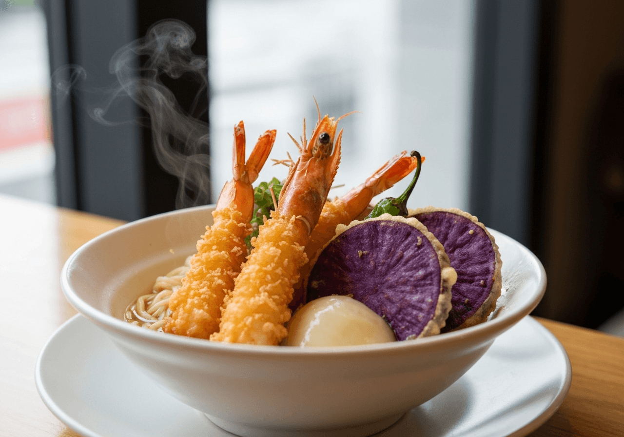 Finished Tendon (Tempura Rice Bowl) plated for serving