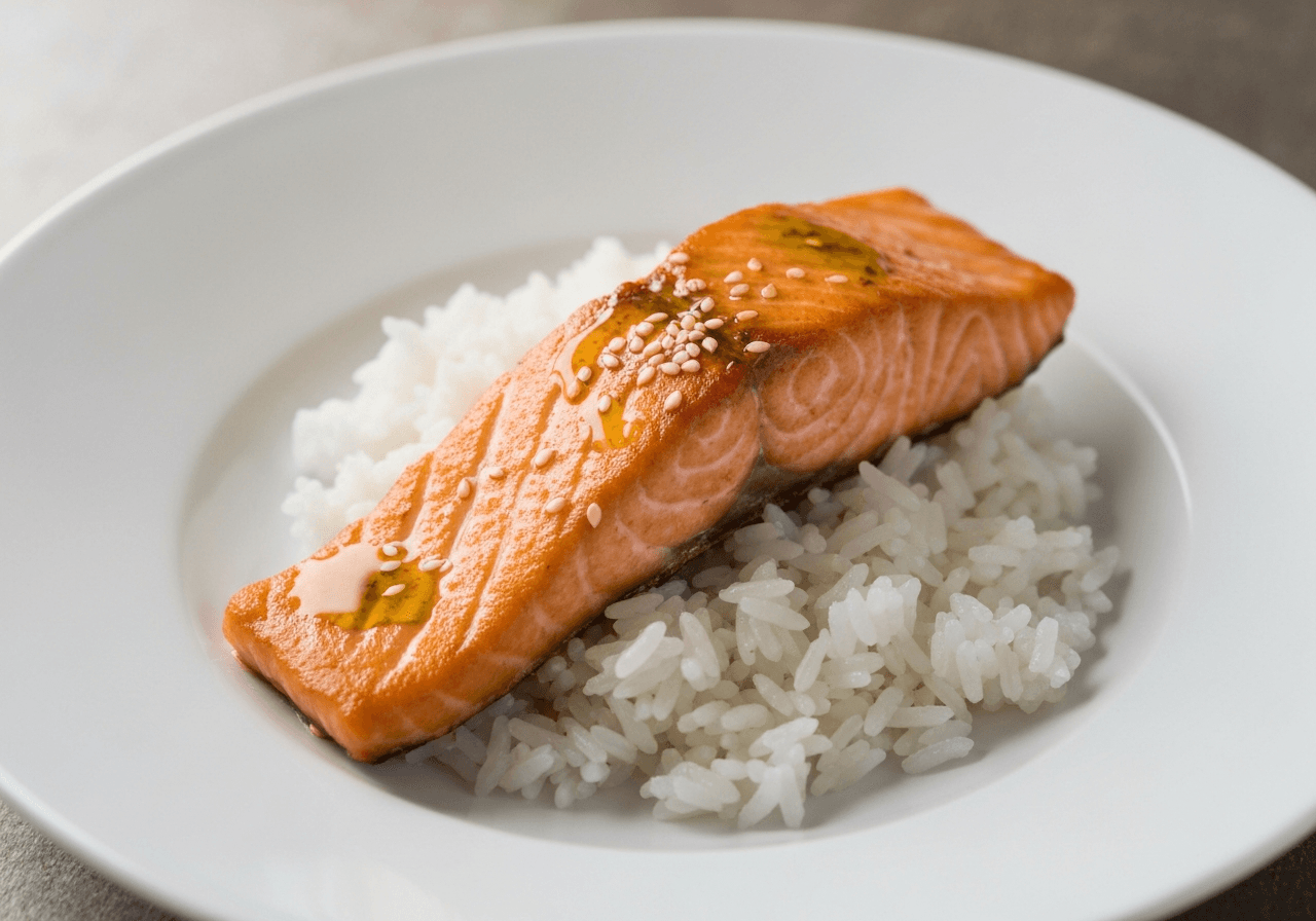 Finished Teriyaki Salmon Rice Bowl plated for serving
