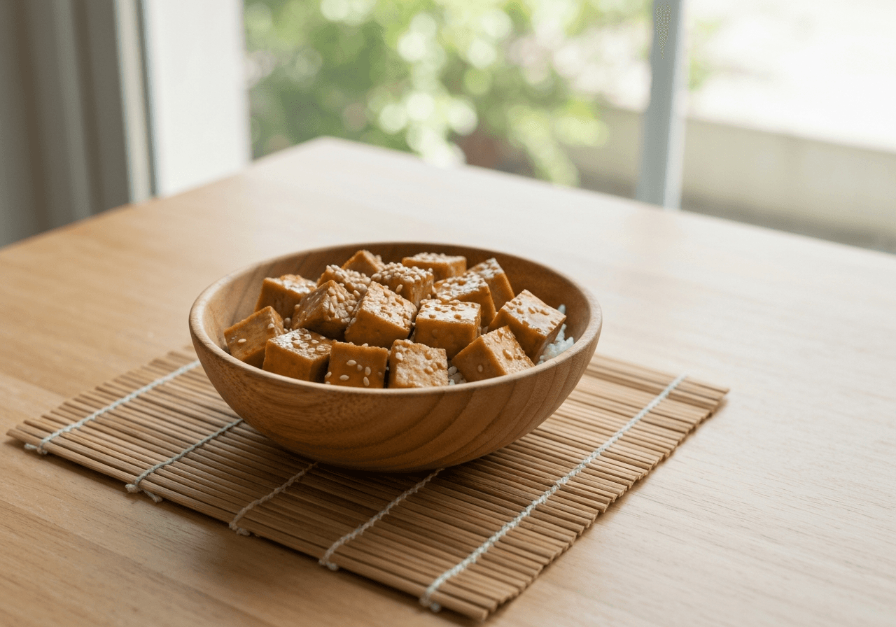Finished Teriyaki Tofu Donburi (Vegan Rice Bowl) plated for serving