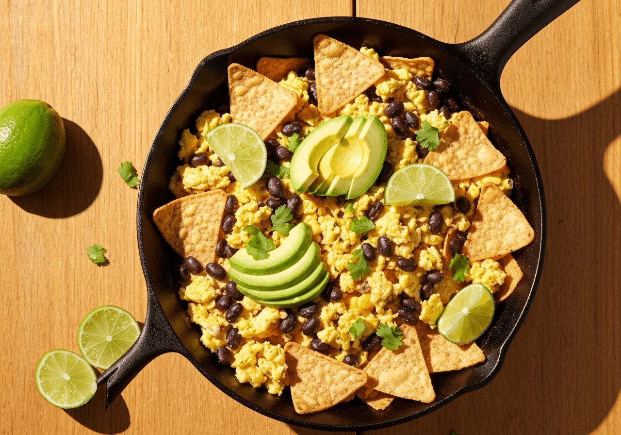 Finished Tex-Mex Black Bean and Tortilla Scramble plated for serving