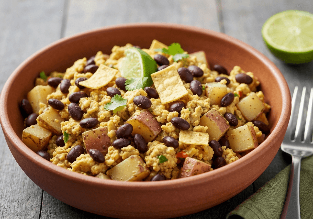 Finished Tex-Mex Potato and Black Bean Migas plated for serving
