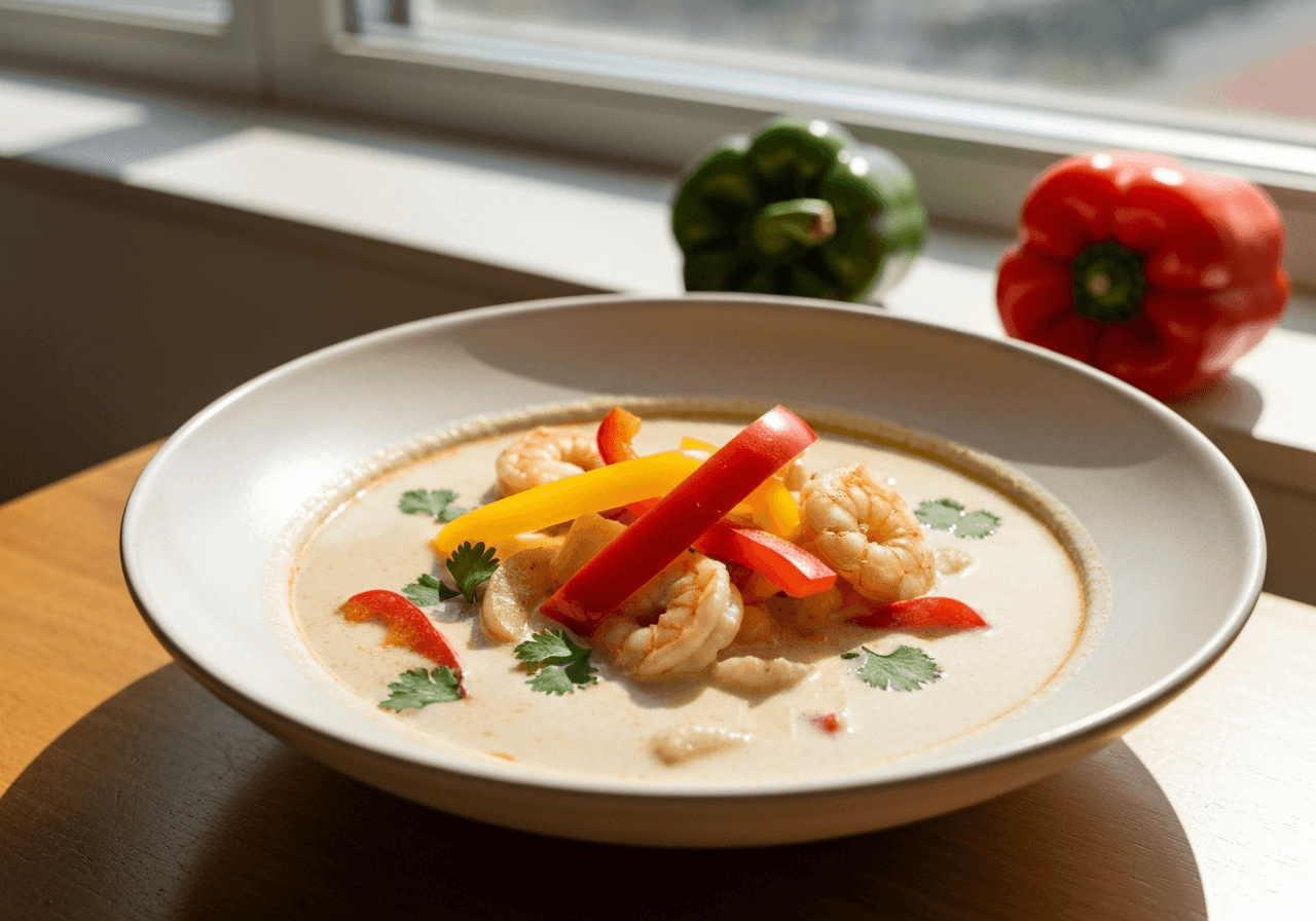 Finished Thai Coconut Curry Soup with Shrimp plated for serving