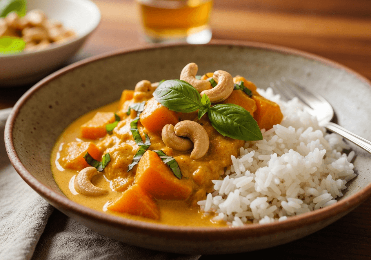 Finished Thai Coconut Pumpkin Curry plated for serving