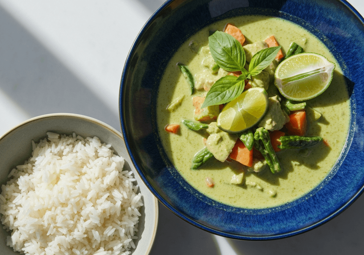 Finished Thai Green Curry plated for serving