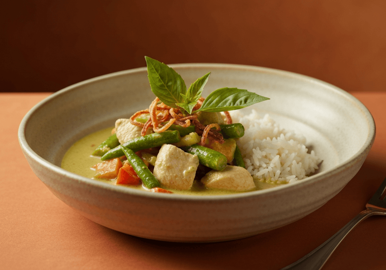 Finished Thai Green Curry with Chicken plated for serving