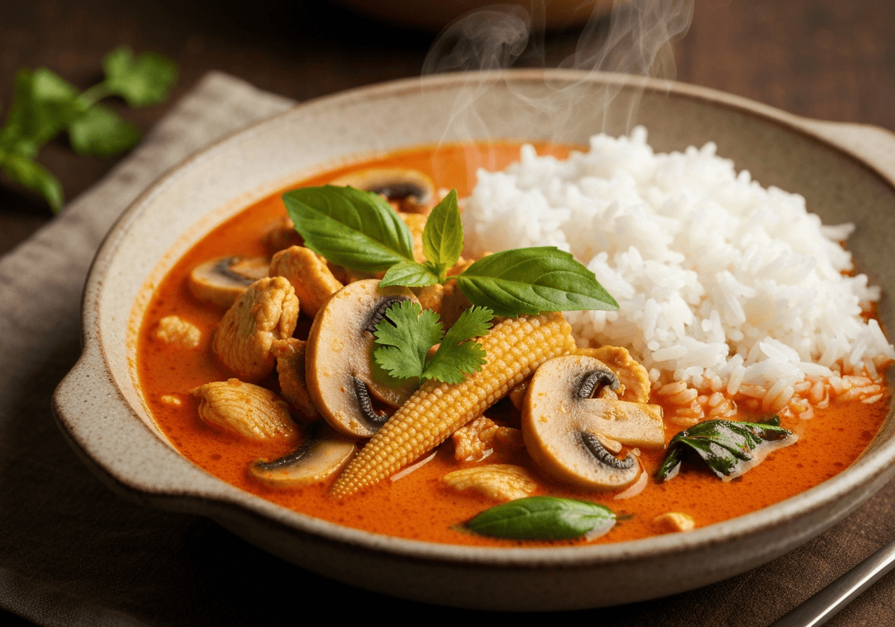 Finished Thai Jungle Curry with Chicken plated for serving