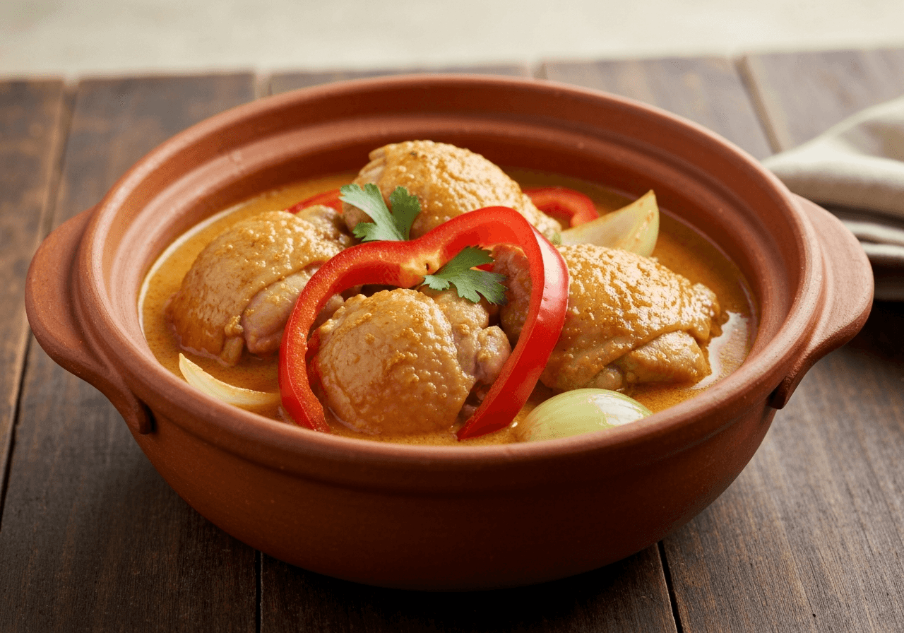 Finished Thai Panang Chicken Curry plated for serving