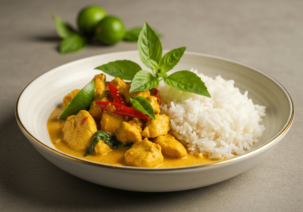 Finished Thai Panang Chicken Curry with Kaffir Lime plated for serving