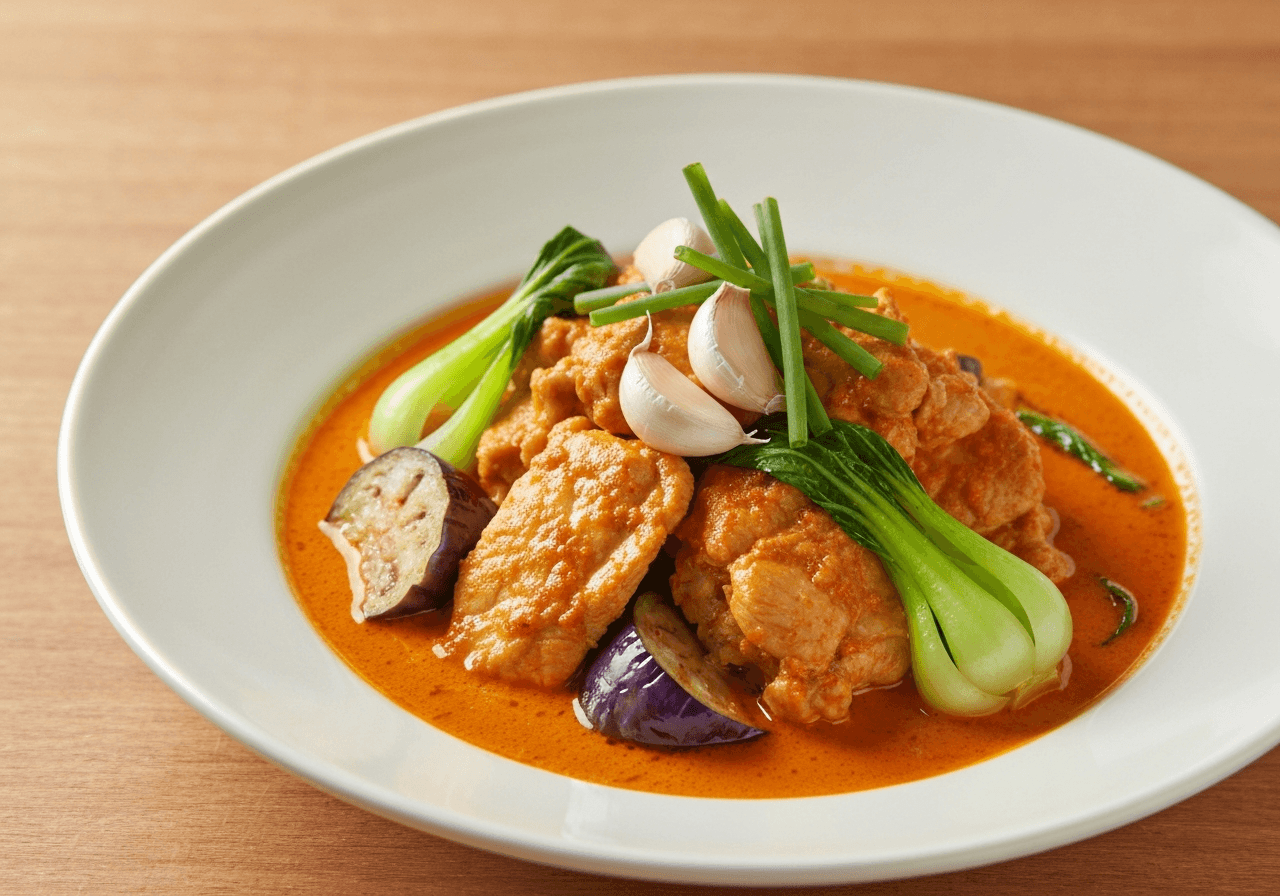 Finished Thai Red Curry Chicken plated for serving