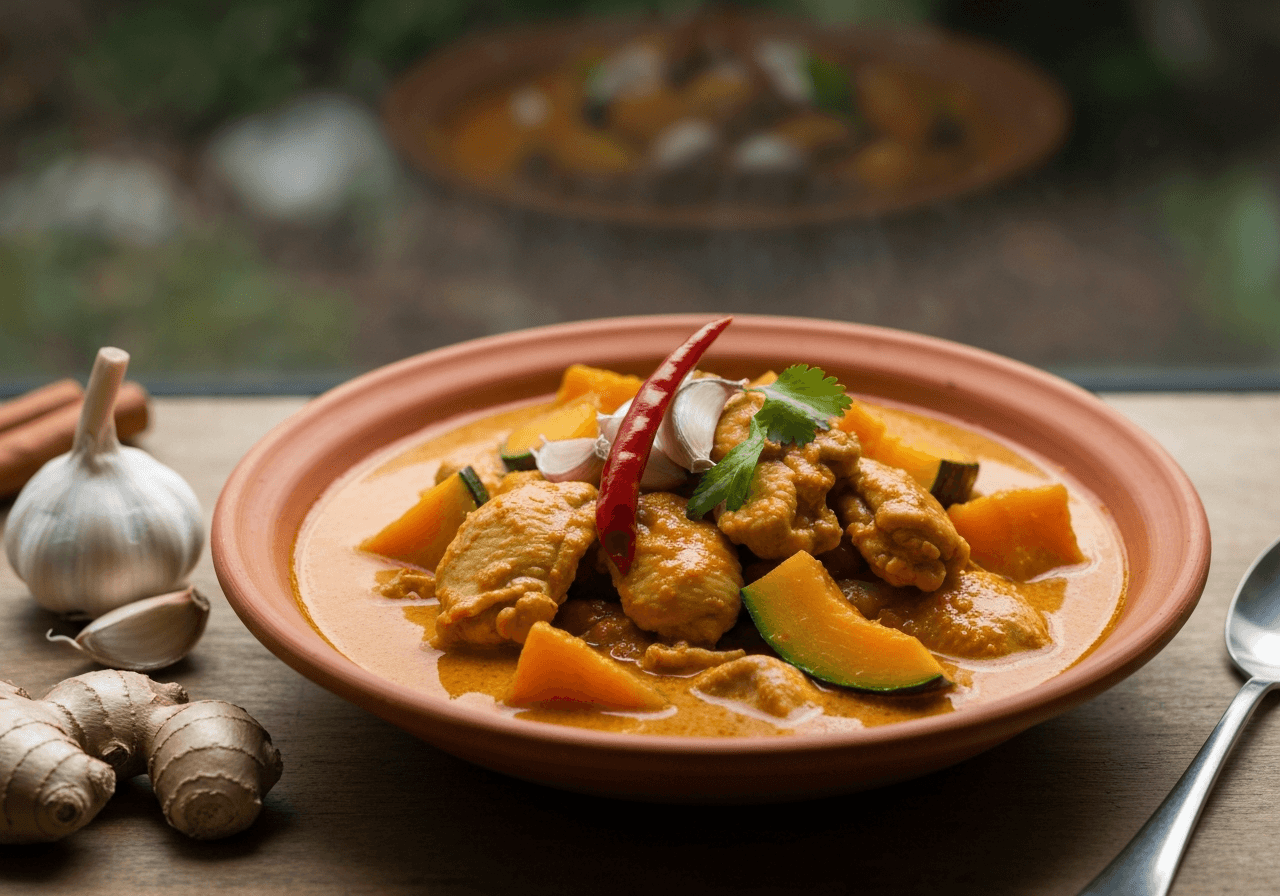 Finished Thai Red Curry with Chicken and Pumpkin plated for serving