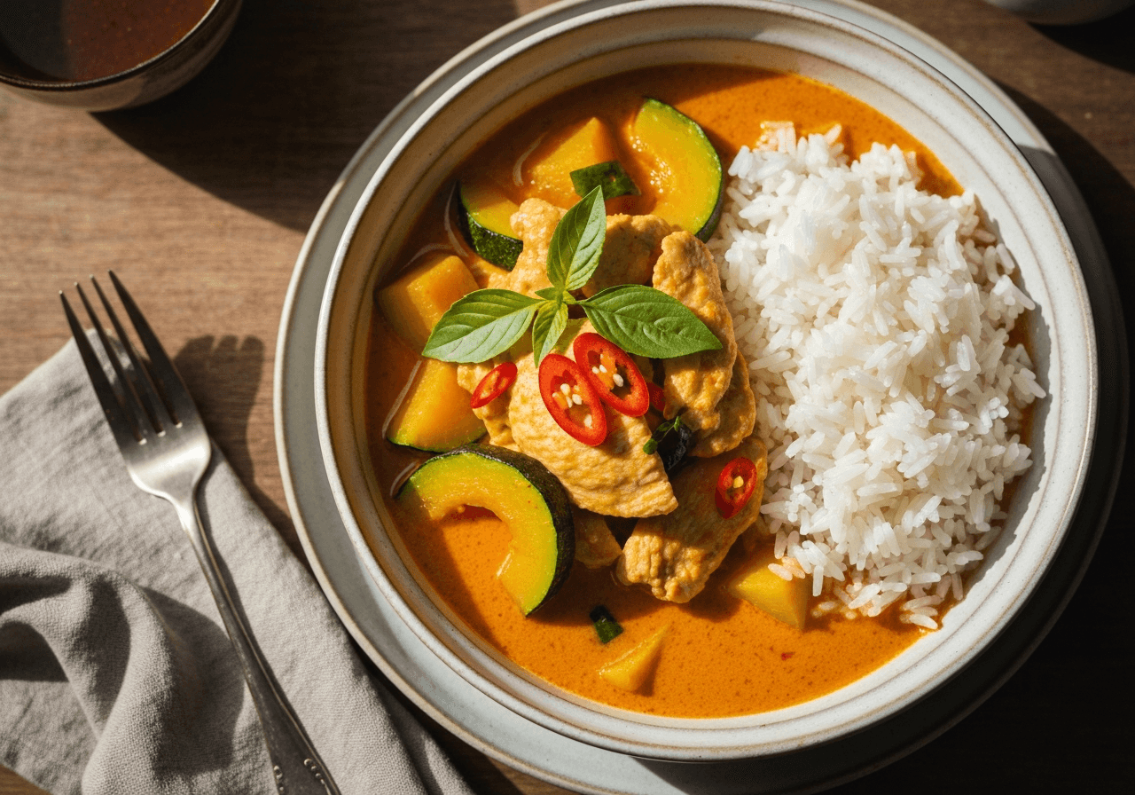 Finished Thai Red Curry with Chicken plated for serving