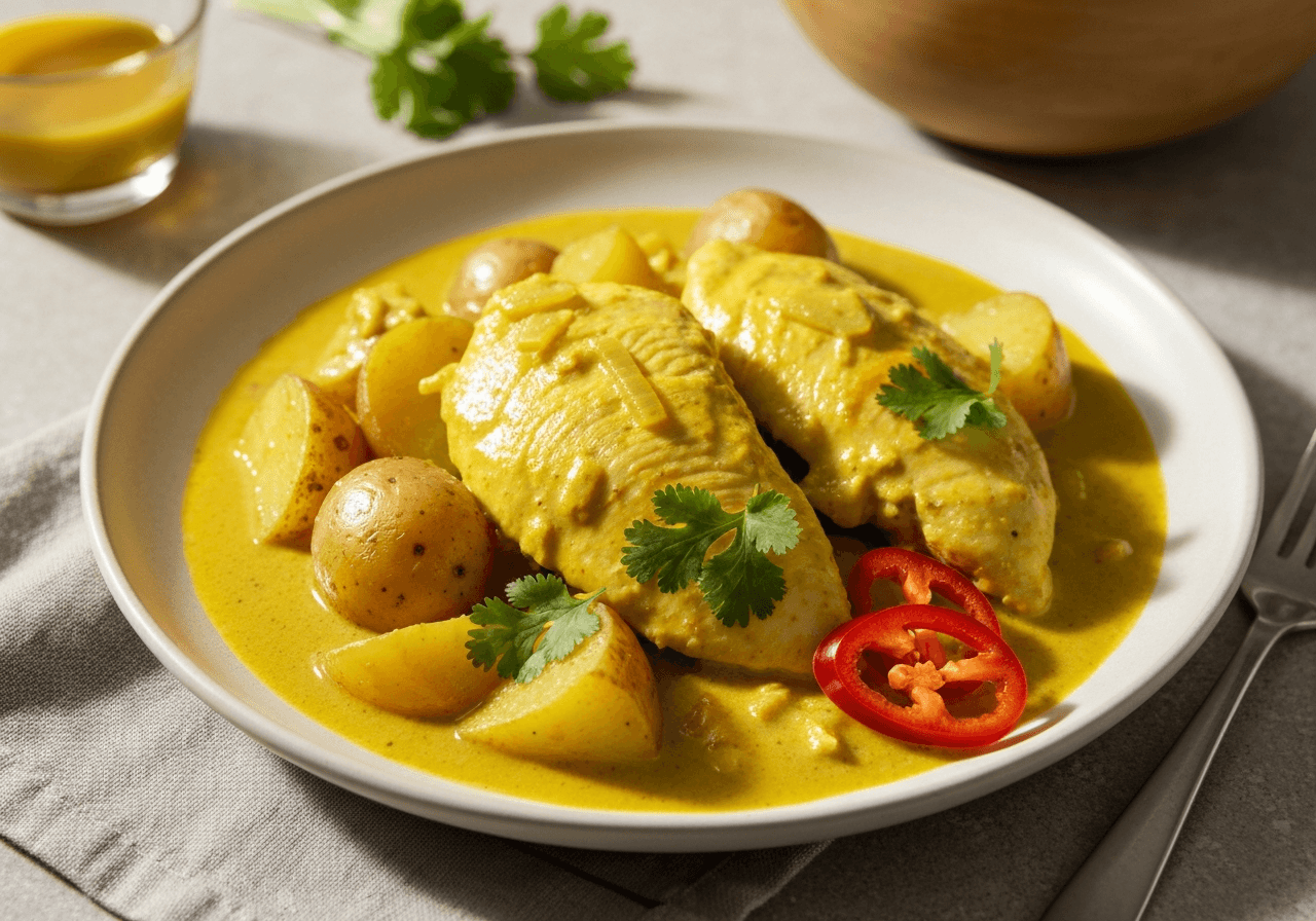 Finished Thai Yellow Chicken Curry with Potatoes plated for serving