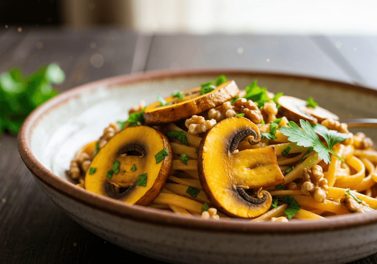 Finished Three-Mushroom Red Wine Pasta plated for serving