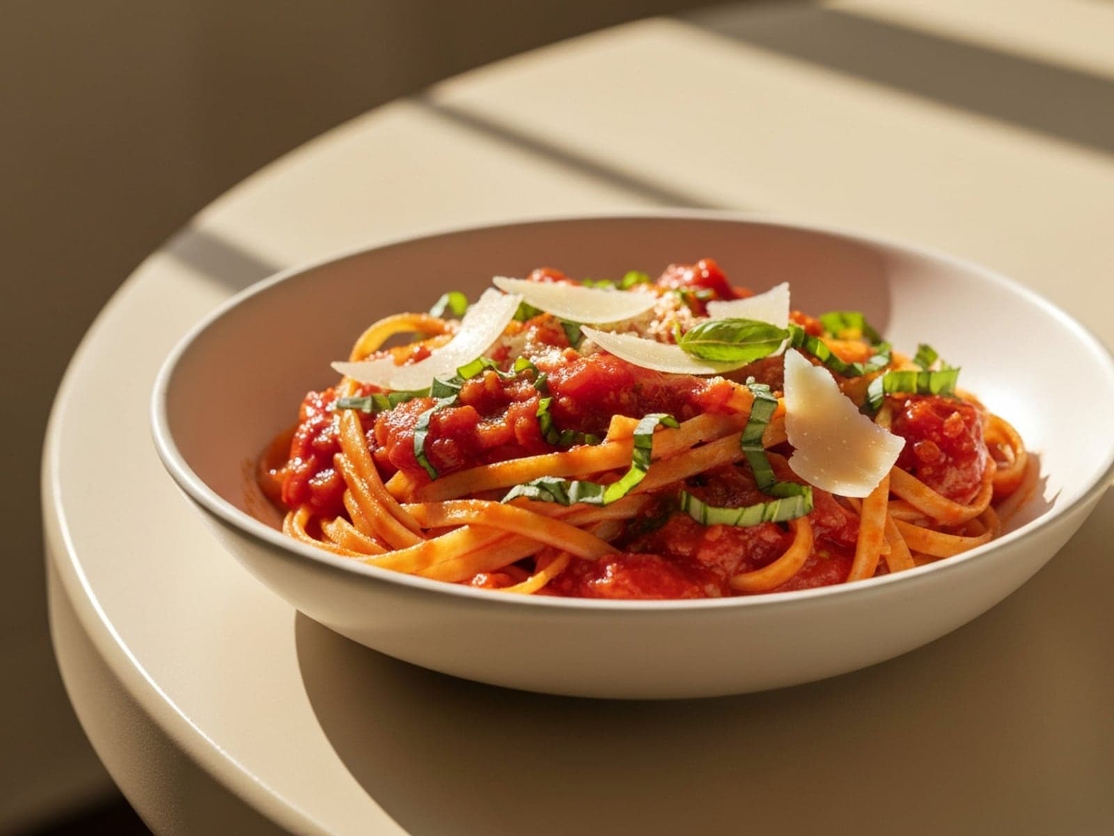 Finished Tomato Basil Parmesan Pasta plated for serving