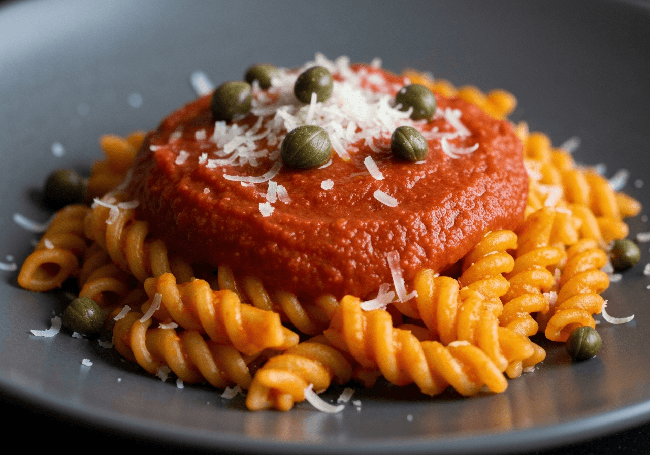 Finished Tomato Paste and Caper Pasta plated for serving