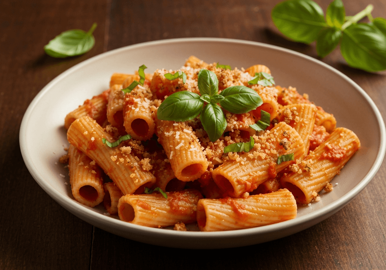 Finished Rigatoni with Toasted Garlic Breadcrumbs plated for serving